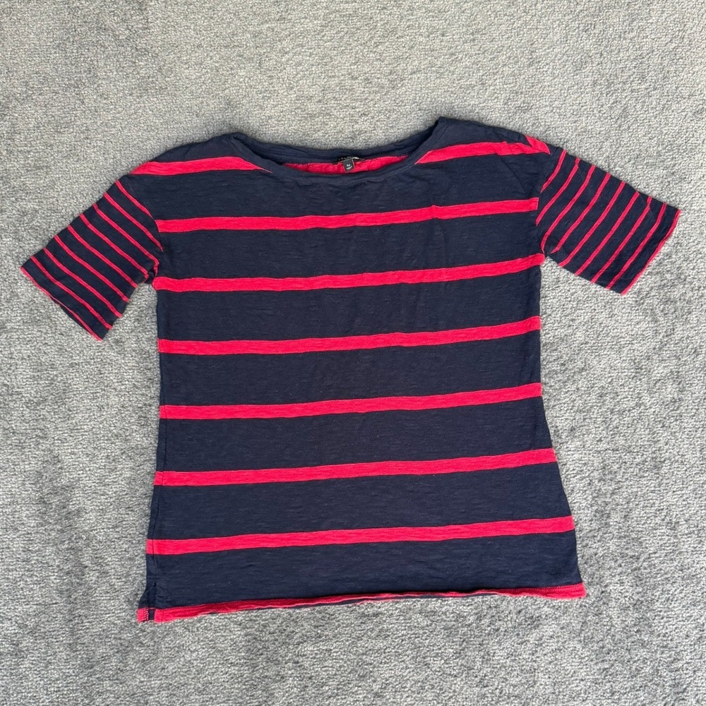 Talbots Petites Navy Blue Red Striped Short Sleeve Boat Neck Cotton Top SP
